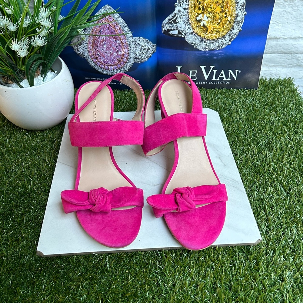 - STUART WEITZMANBandeau Block Heel Barbie Pink suede Leather size 12 - Picture 9 of 13